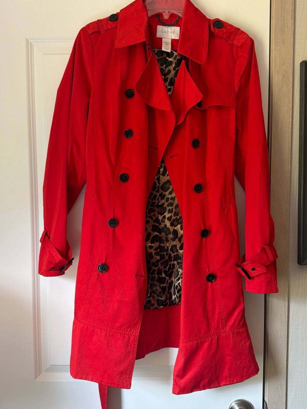 Cache Bold Red Double-Breasted Trench with Leopard Print Lining